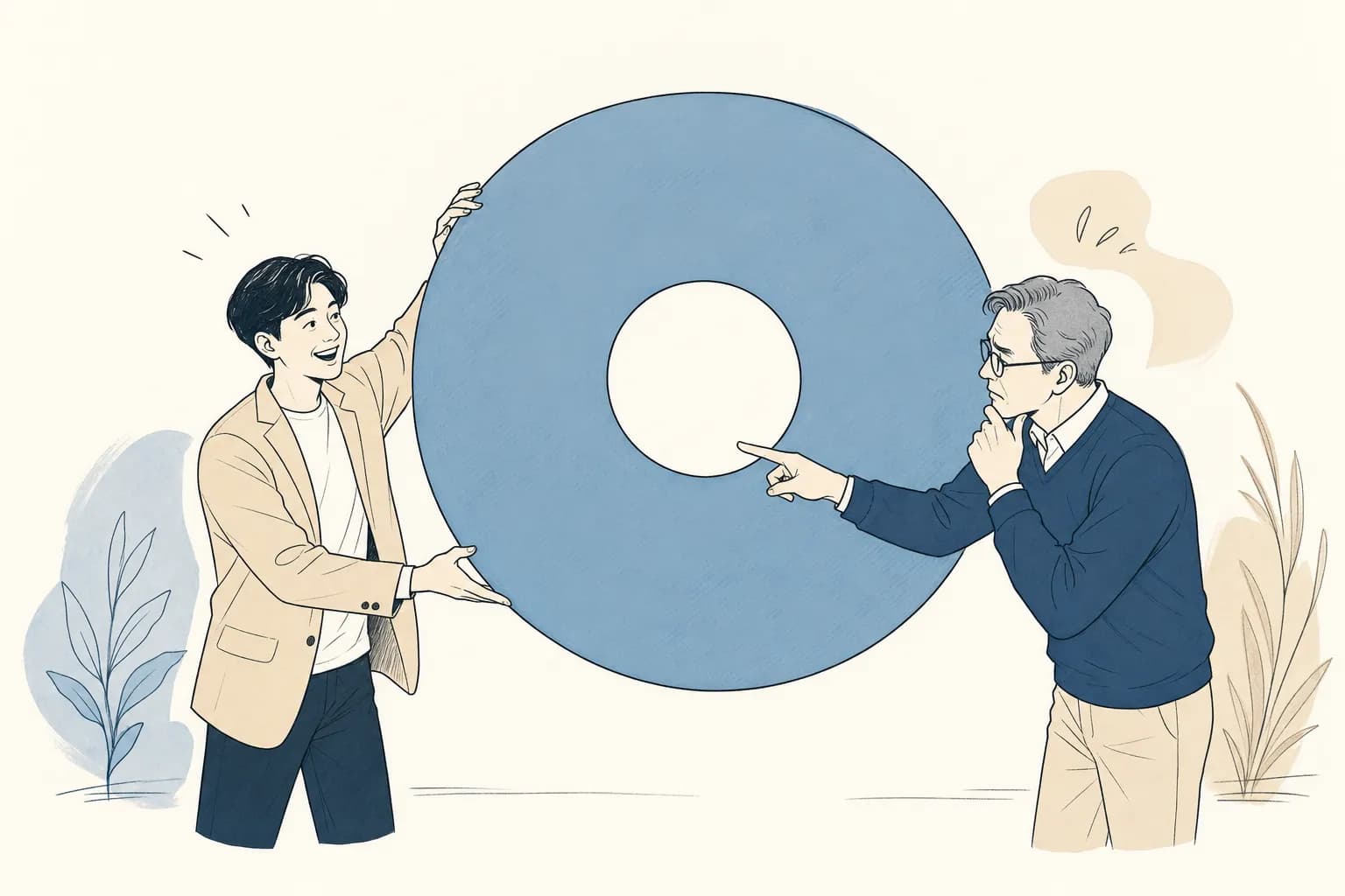 창업자가 거대한 바깥 원을 자랑하지만 정작 안쪽이 텅 비어, 곁의 조력자가 빈 가운데를 가리키는 장면