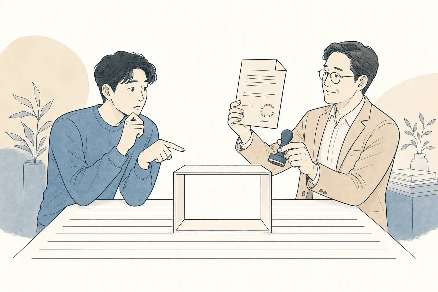 창업자가 근거 없이 놓인 빈칸을 가리키며 출처를 묻자, 조력자가 출처 자료와 도장을 내미는 장면