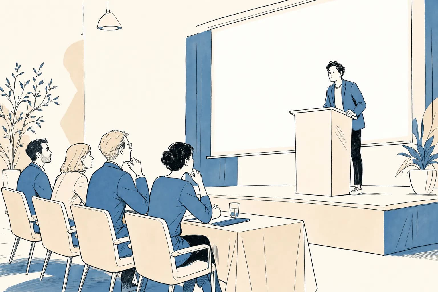 빈 발표 화면 앞 연단에 서서 긴장하지만 결연한 표정으로 발표하는 사람과, 마주 앉아 집중해서 지켜보는 심사단의 장면